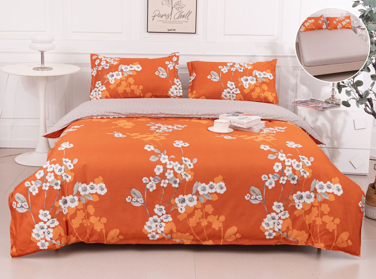 Lenjerie de pat din bumbac satinat,model portocaliu cu flori Engros