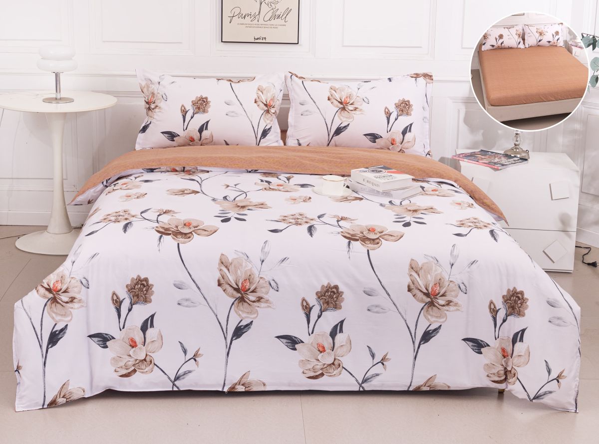 Lenjerie de pat din bumbac satinat,alb cu model floral Engros