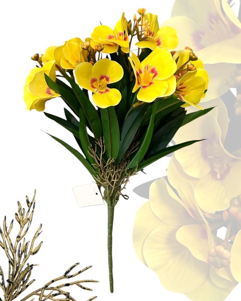 Buchet flori artificiale violete cu rădăcini, galben, 35 cm, 5 fire – en-gros