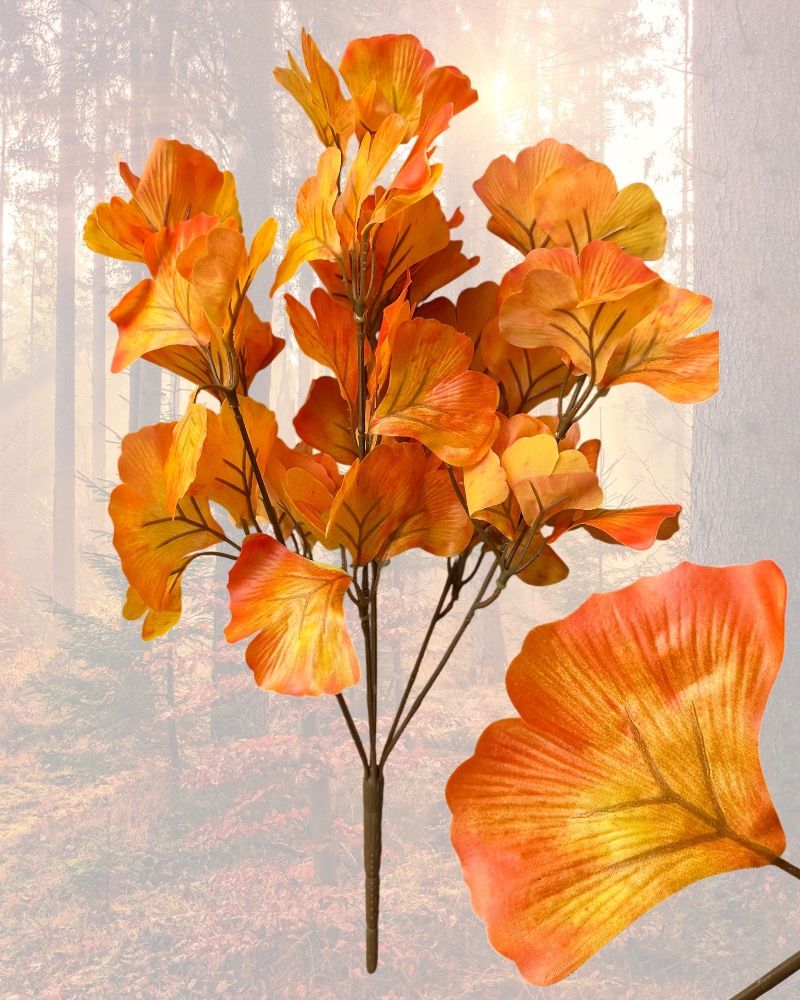 Buchet frunze toamnă Ginkgo Biloba -portocaliu, 43 cm, 7fire, en-gros
