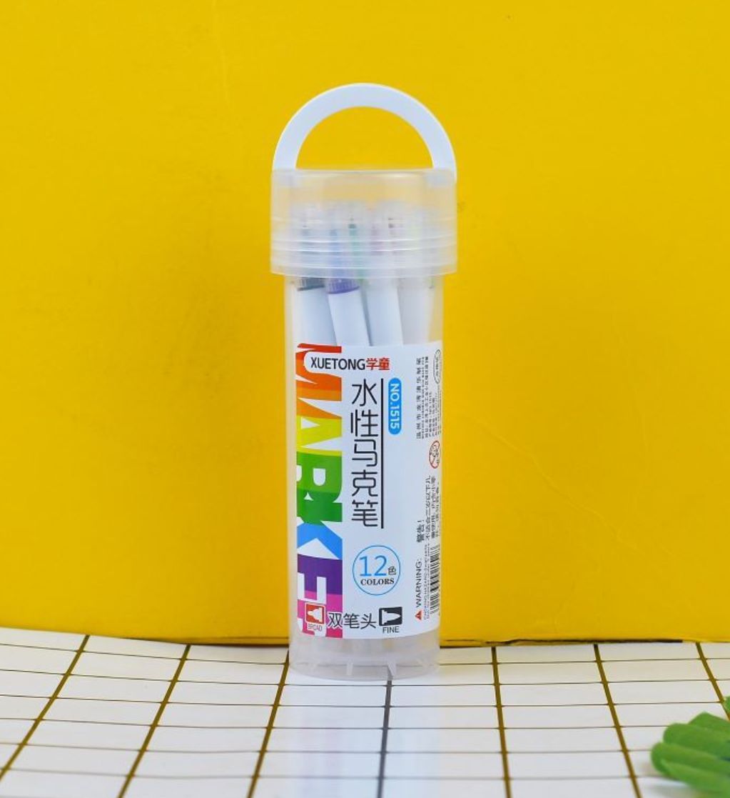 Set 12 carioci cu 2 capete, caseta pvc rotunda, en-gros