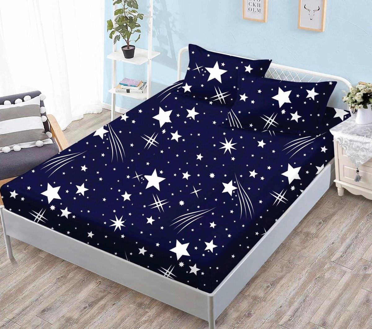 OFERTA Lenjerii cu Elastic En-Gros, Serie 3 Bucati Diferite, Material Bumbac tip Finet, 3 Piese, Cearceaf de Pat 180x200cm, cu 2 Fete de Perna 50x70cm Incluse