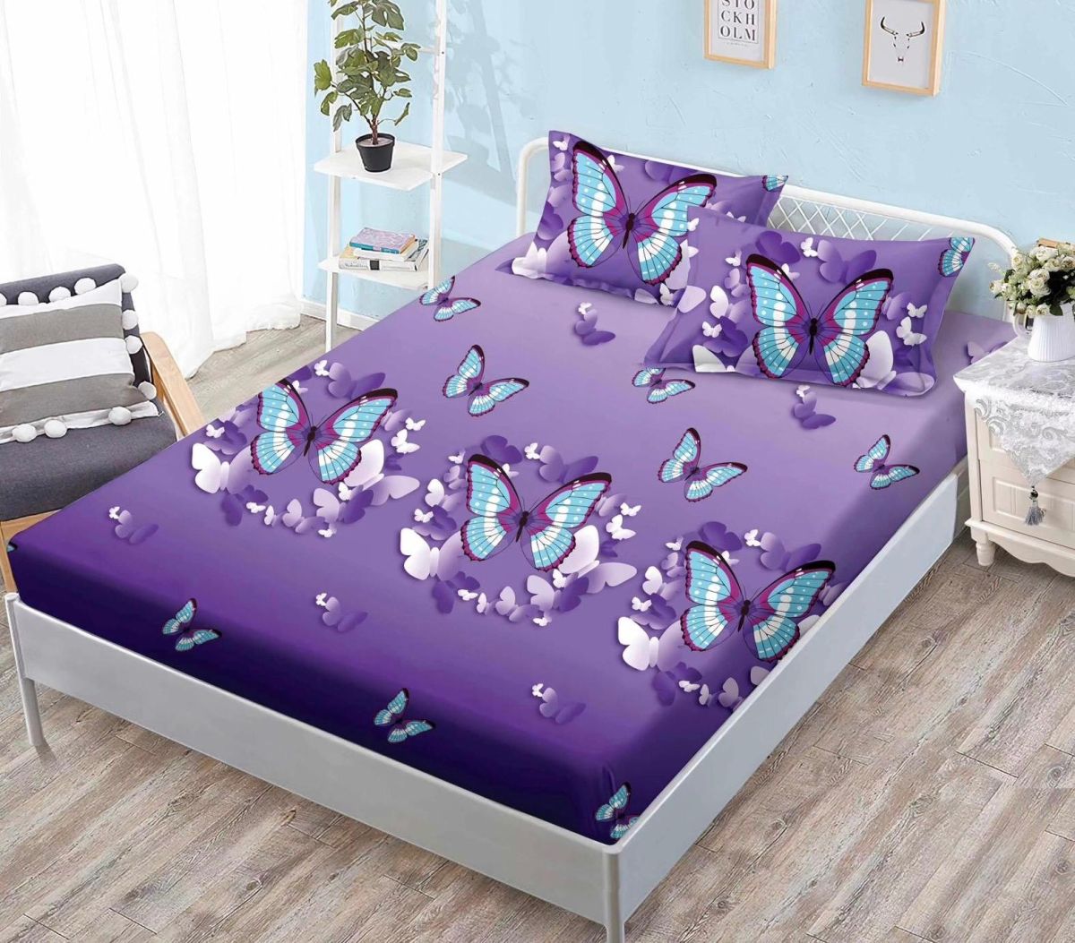 OFERTA Lenjerii cu Elastic En-Gros, Serie 3 Bucati Diferite, Material Bumbac tip Finet, 3 Piese, Cearceaf de Pat 180x200cm, cu 2 Fete de Perna 50x70cm Incluse