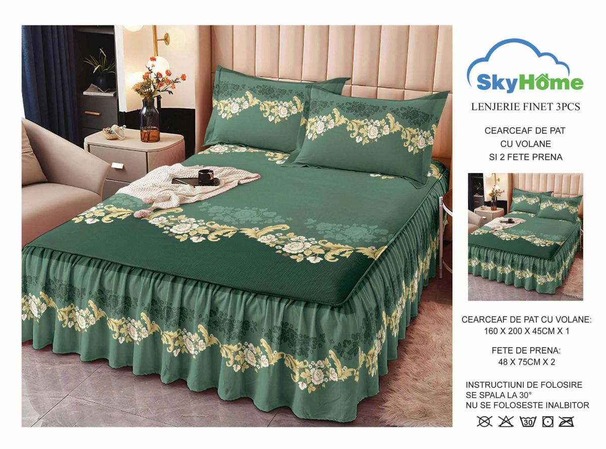 OFERTA Lenjerii cu Volanase En-Gros, Serie 10 Modele Diferite, Material Bumbac tip Finet, pentru Pat Dublu, 160x200cm, cu 2 Fete de Perna 48x75 Incluse