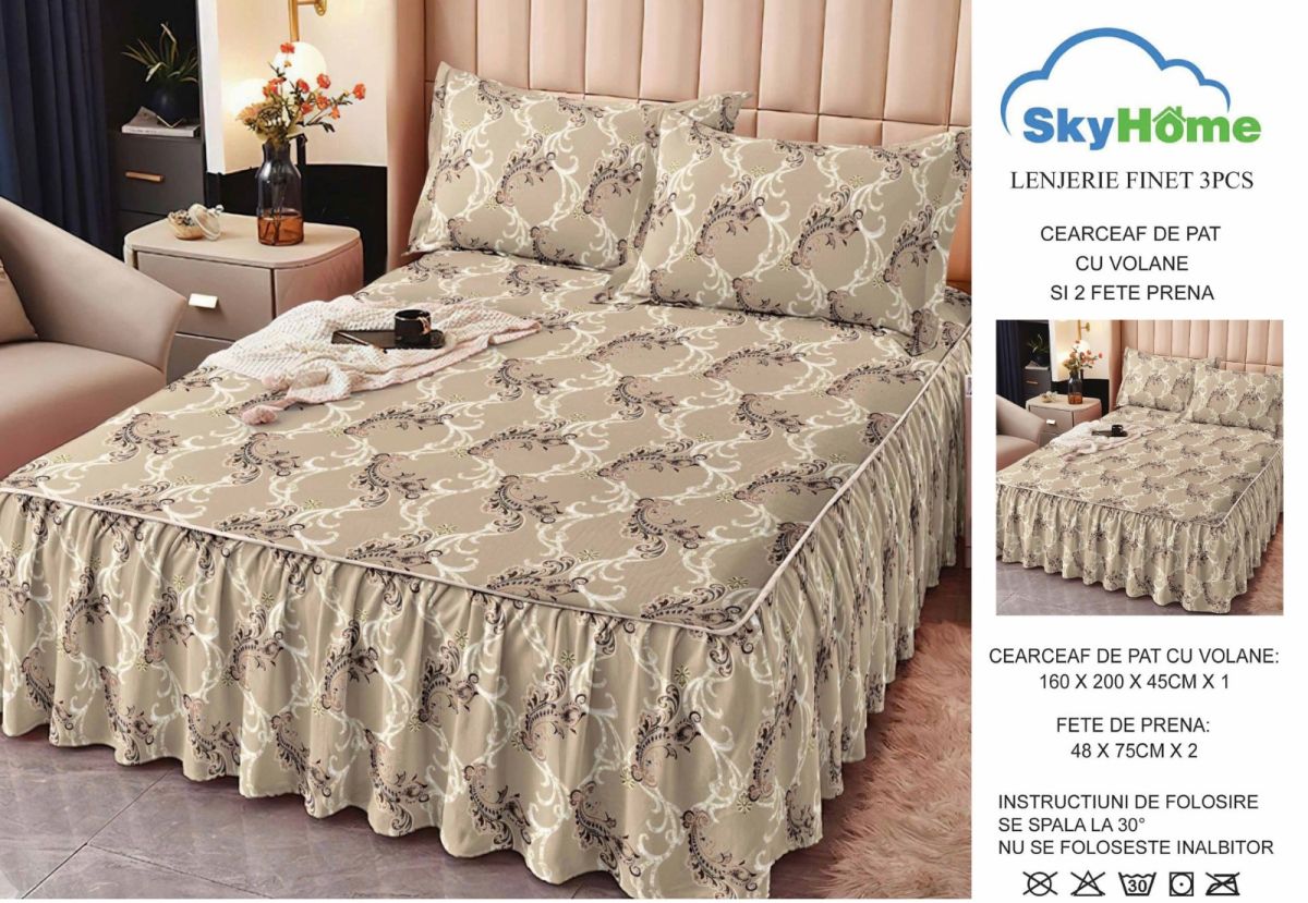 OFERTA Lenjerii cu Volanase En-Gros, Serie 10 Modele Diferite, Material Bumbac tip Finet, pentru Pat Dublu, 160x200cm, cu 2 Fete de Perna 48x75 Incluse