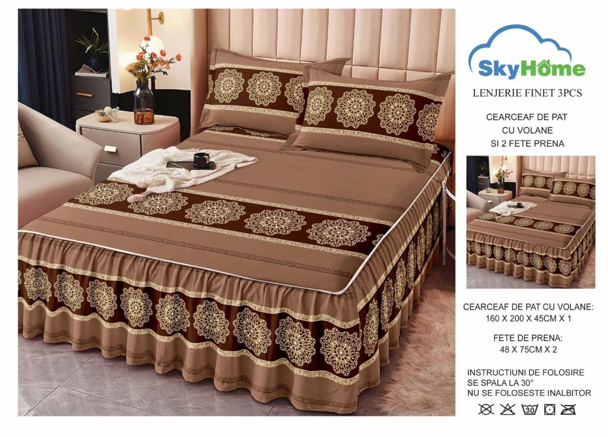 OFERTA Lenjerii cu Volanase En-Gros, Serie 3 Modele Diferite, Material Bumbac tip Finet, pentru Pat Dublu, 160x200, cu 2 Fete de Perna 48x75 Incluse