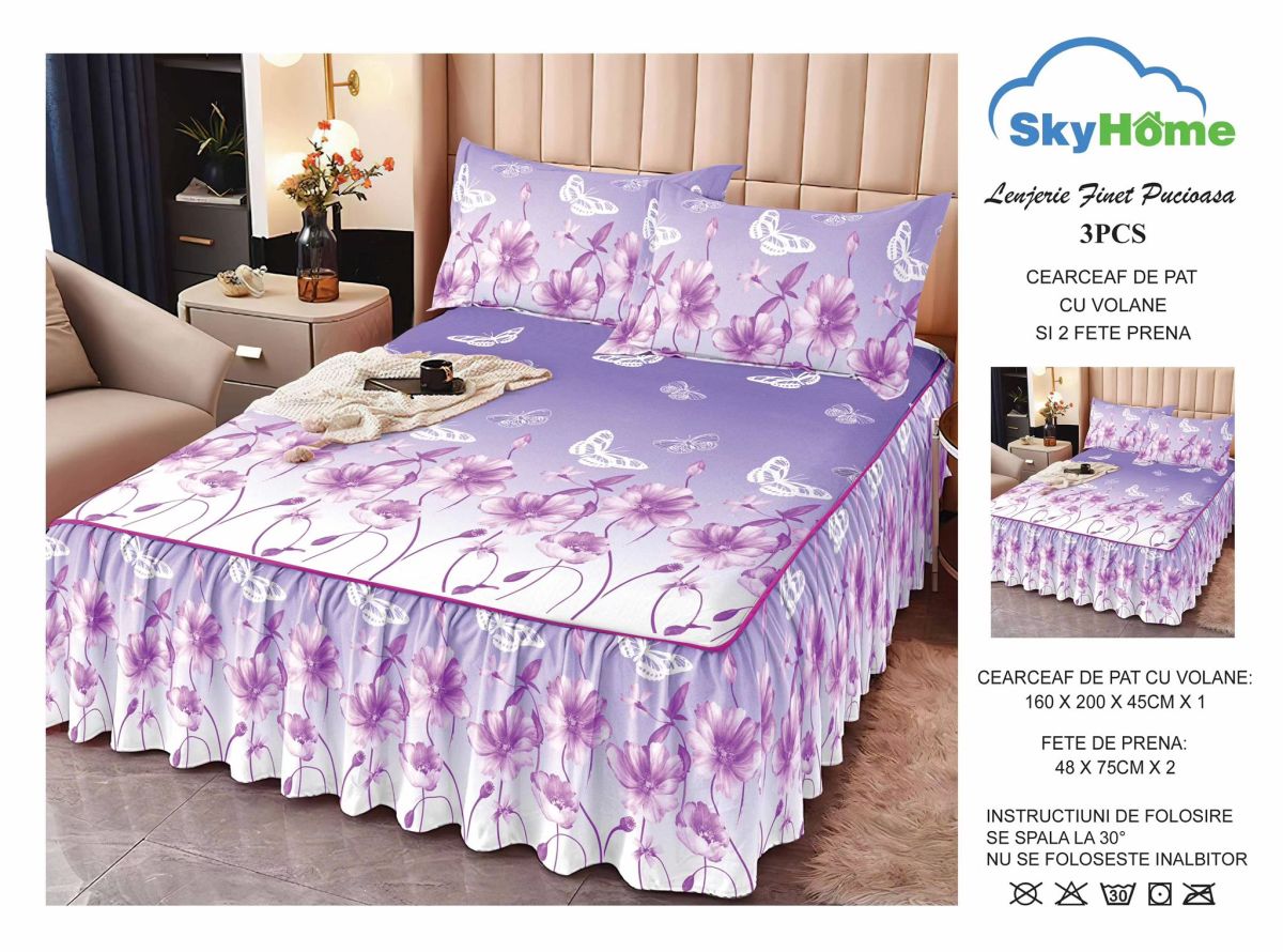OFERTA Lenjerii cu Volanase En-Gros, Serie 3 Modele Diferite, Material Bumbac tip Finet, pentru Pat Dublu, 160x200, cu 2 Fete de Perna 48x75 Incluse