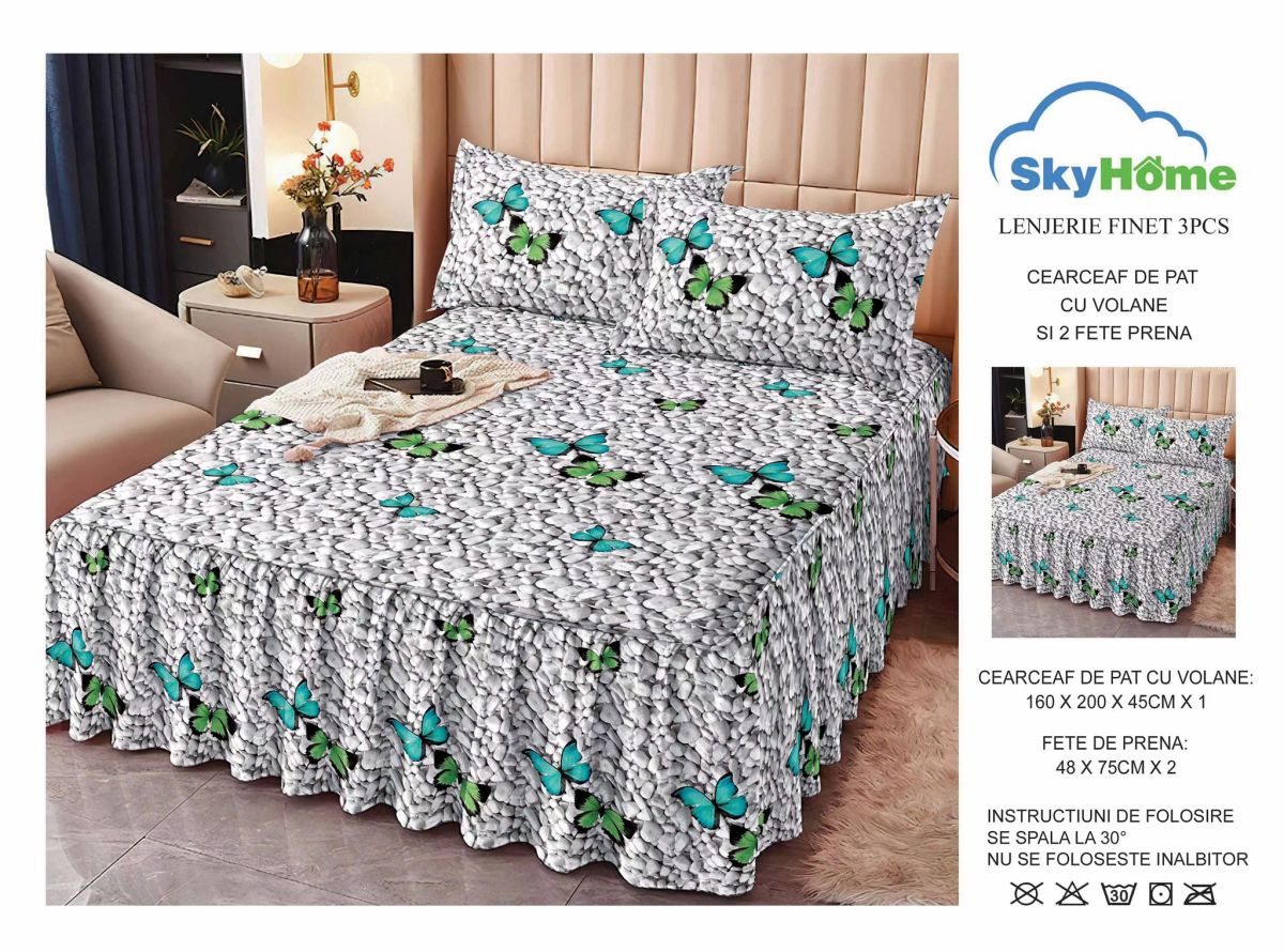 OFERTA Lenjerii cu Volanase En-Gros, Serie 3 Modele Diferite, Material Bumbac tip Finet, pentru Pat Dublu, 160x200, cu 2 Fete de Perna 48x75 Incluse