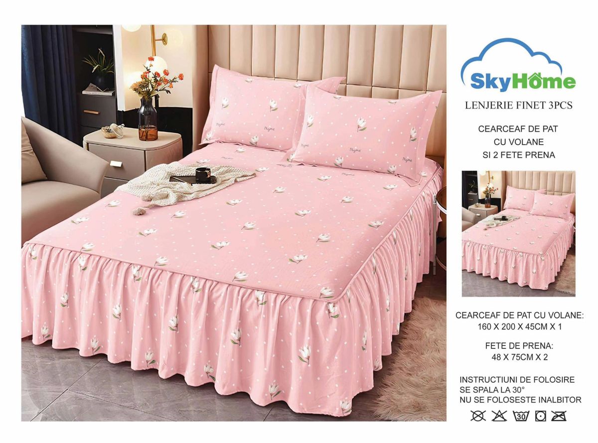 OFERTA Lenjerii cu Volanase En-Gros, Serie 3 Modele Diferite, Material Bumbac tip Finet, pentru Pat Dublu, 160x200, cu 2 Fete de Perna 48x75 Incluse