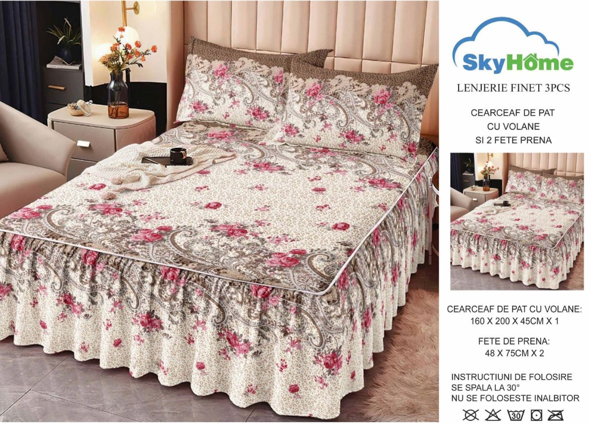 Set Lenjerii cu Volanase En-Gros, 3 Piese, Material Bumbac tip Finet, pentru Pat Dublu, 160x200, cu 2 Fete de Perna 48x75 Incluse