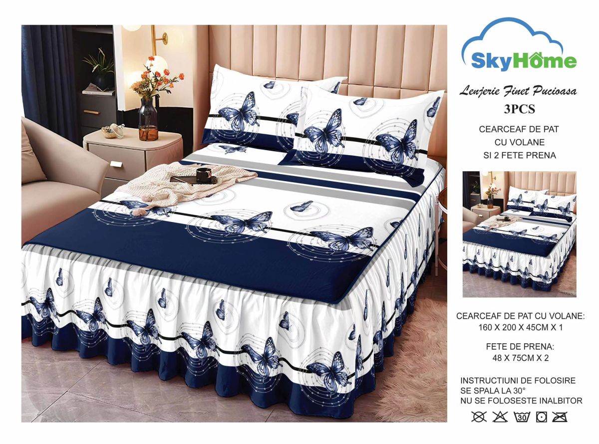 Set Lenjerii cu Volanase En-Gros, Alb, 3 Piese, Material Bumbac tip Finet, pentru Pat Dublu, 160x200, cu 2 Fete de Perna 48x75 Incluse