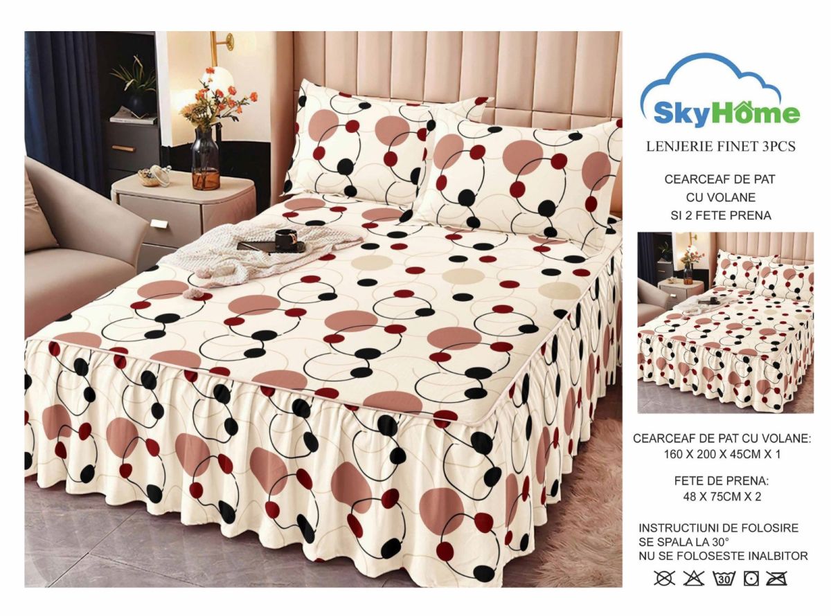 Set Lenjerii cu Volanase En-Gros, Bej, 3 Piese, Material Bumbac tip Finet, pentru Pat Dublu, 160x200, cu 2 Fete de Perna 48x75 Incluse