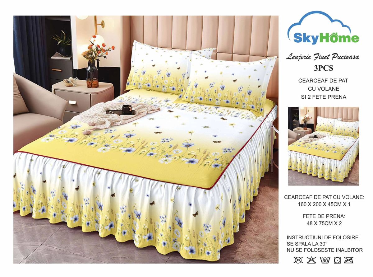 Set Lenjerii cu Volanase En-Gros, Galben, 3 Piese, Material Bumbac tip Finet, pentru Pat Dublu, 160x200, cu 2 Fete de Perna 48x75 Incluse