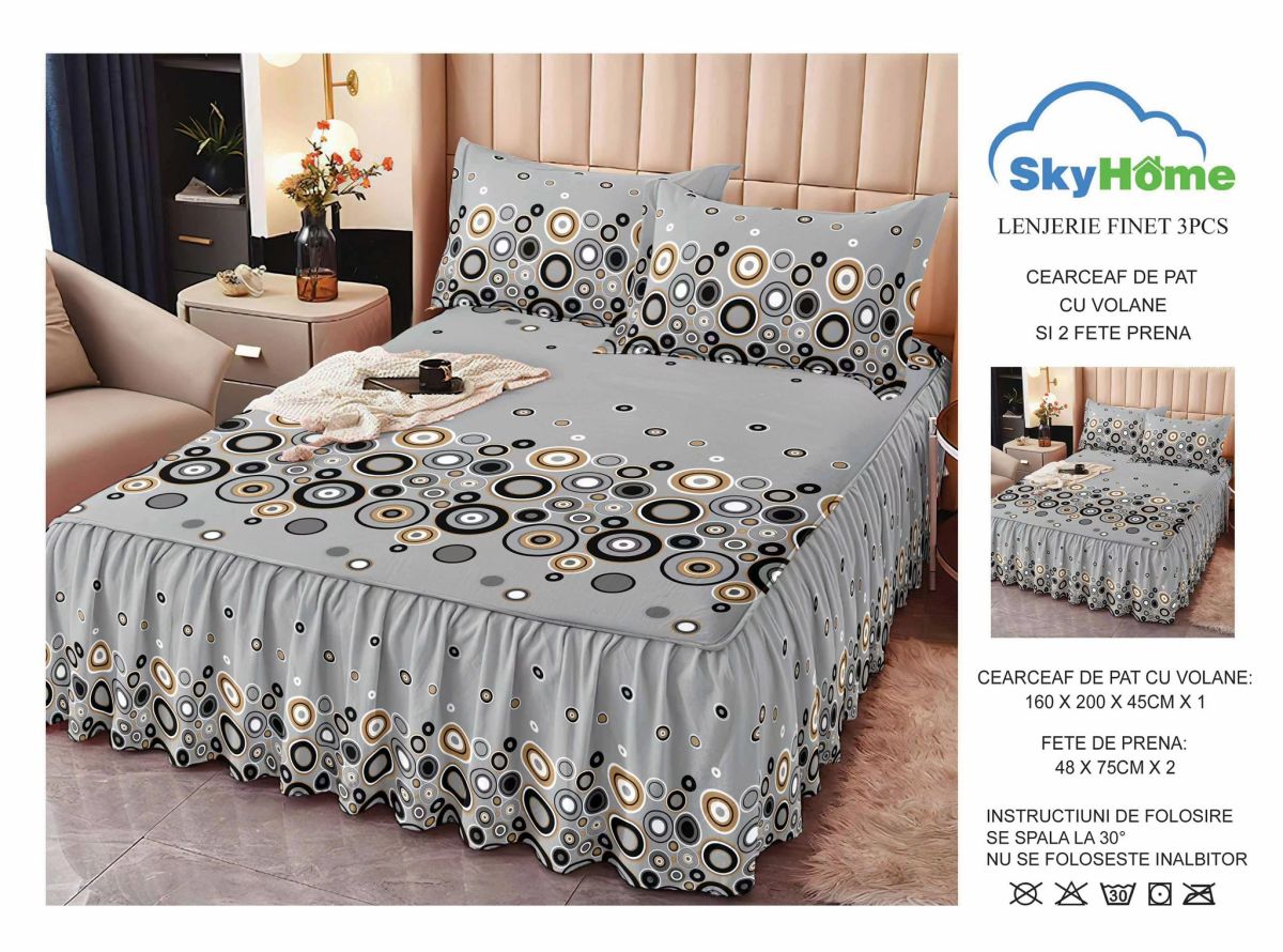 Set Lenjerii cu Volanase En-Gros, Gri, 3 Piese, Material Bumbac tip Finet, pentru Pat Dublu, 160x200, cu 2 Fete de Perna 48x75 Incluse