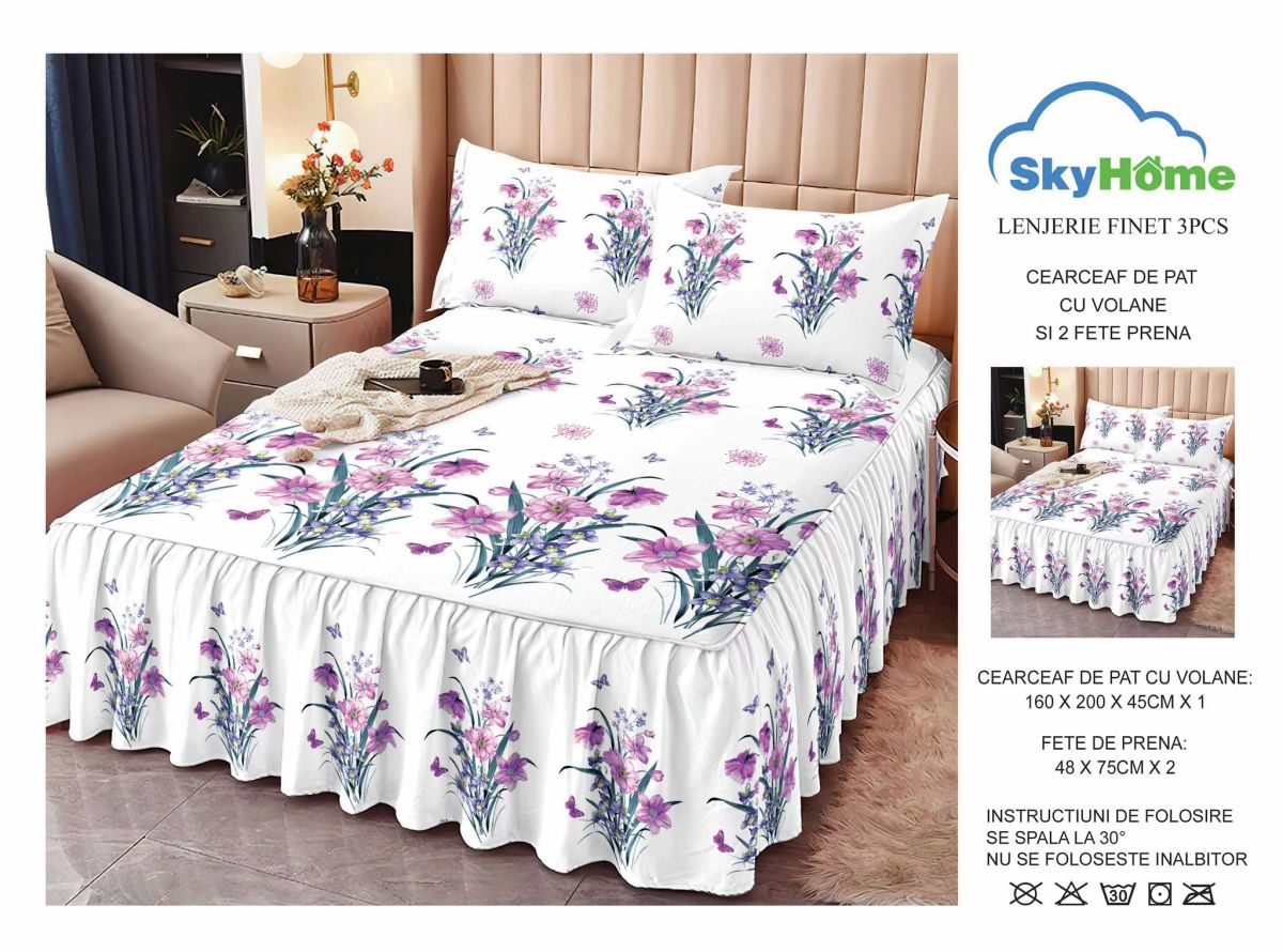 Set Lenjerii cu Volanase En-Gros, Mov, 3 Piese, Material Bumbac tip Finet, pentru Pat Dublu, 160x200, cu 2 Fete de Perna 48x75 Incluse