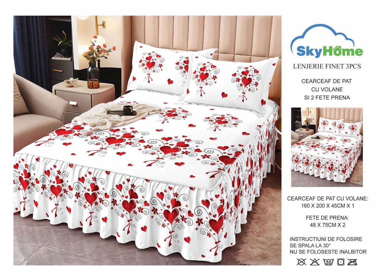 Set Lenjerii cu Volanase En-Gros, Rosu, 3 Piese, Material Bumbac tip Finet, pentru Pat Dublu, 160x200, cu 2 Fete de Perna 48x75 Incluse