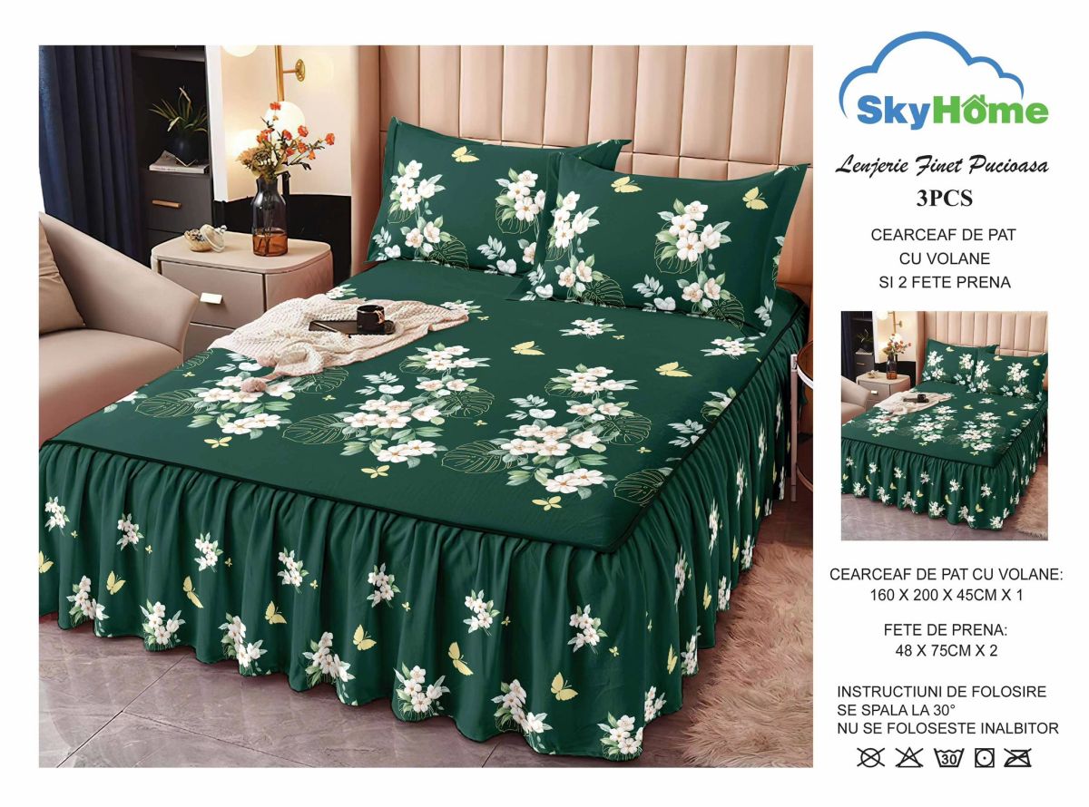 Set Lenjerii cu Volanase En-Gros, Verde Inchis, 3 Piese, Material Bumbac tip Finet, pentru Pat Dublu, 160x200, cu 2 Fete de Perna 48x75 Incluse