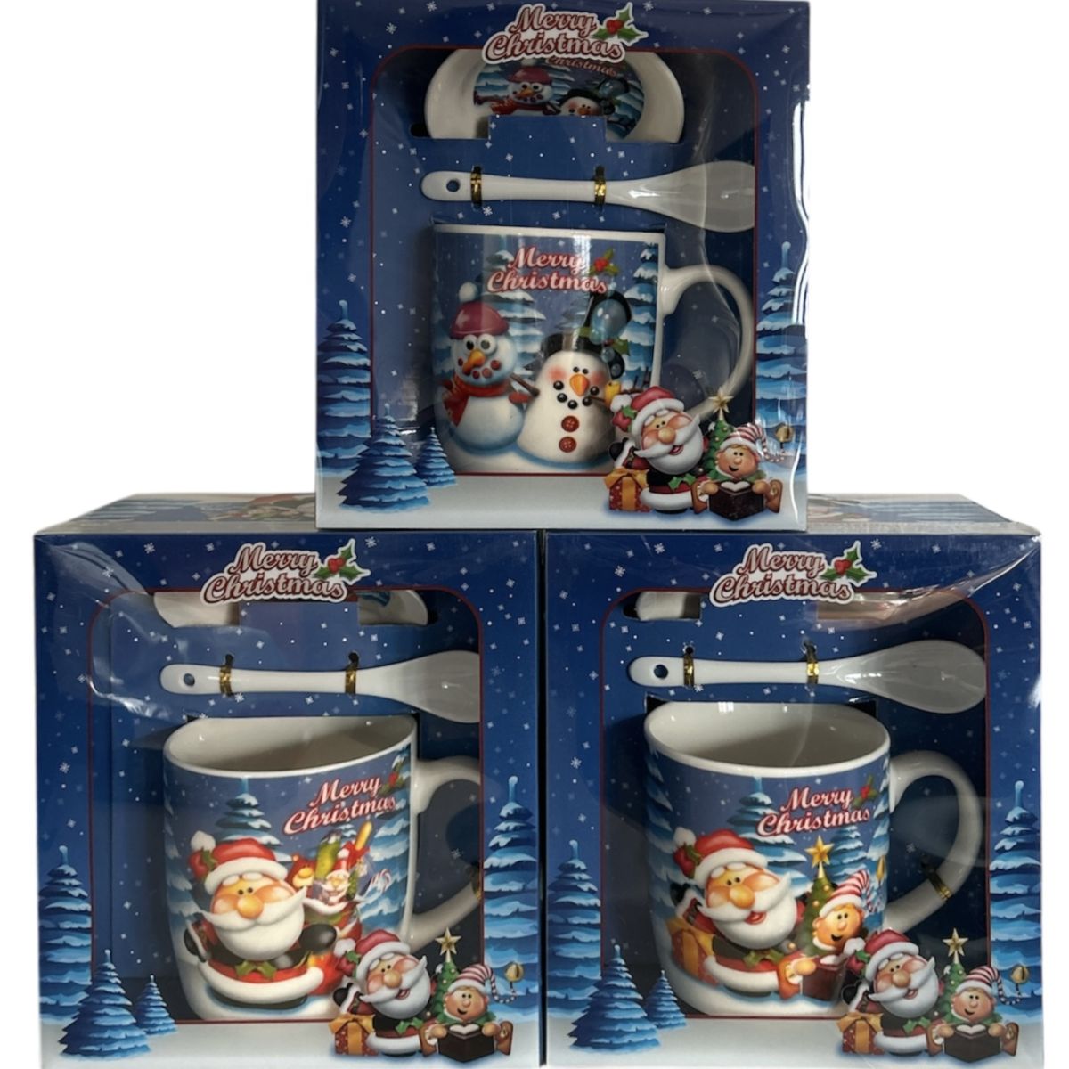Set cadou engros Cană cu capac și linguriță Crăciun Albastru 300ml mix modele