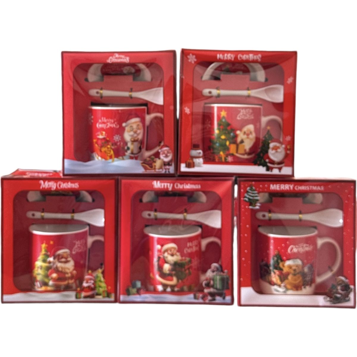 Set cadou engros Cană cu capac și linguriță Crăciun Roșu 300ml mix modele