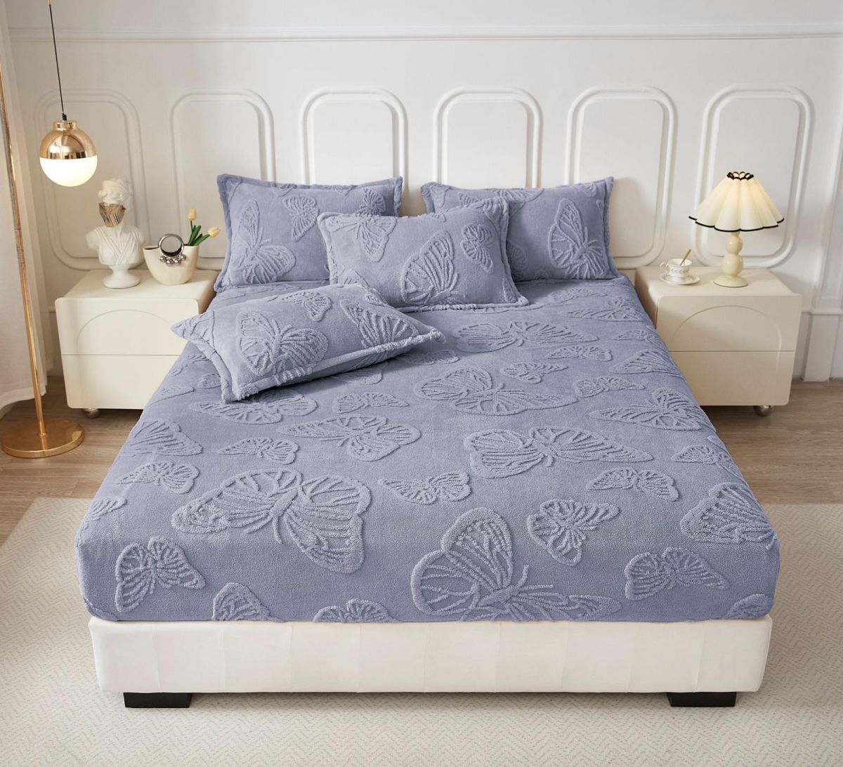 Set Huse En-Gros, Gri Albastrui, cu Elastic, 180x200cm, Material Cocolino Premium Tricotat, Model cu Fluturi in Relief