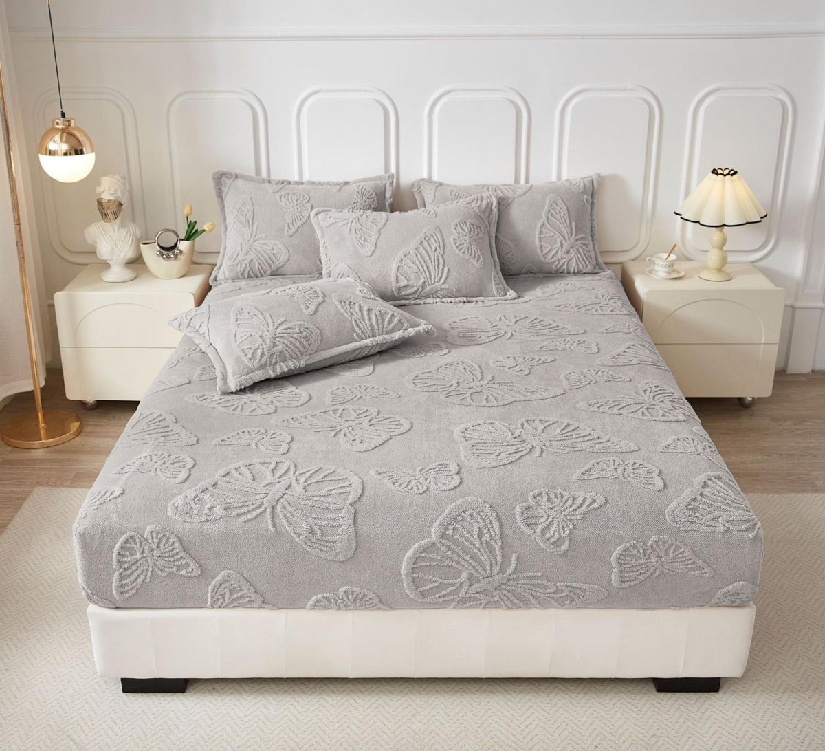Set Huse En-Gros, Gri deschis, cu Elastic, 180x200cm, Material Cocolino Premium Tricotat, Model cu Fluturi in Relief