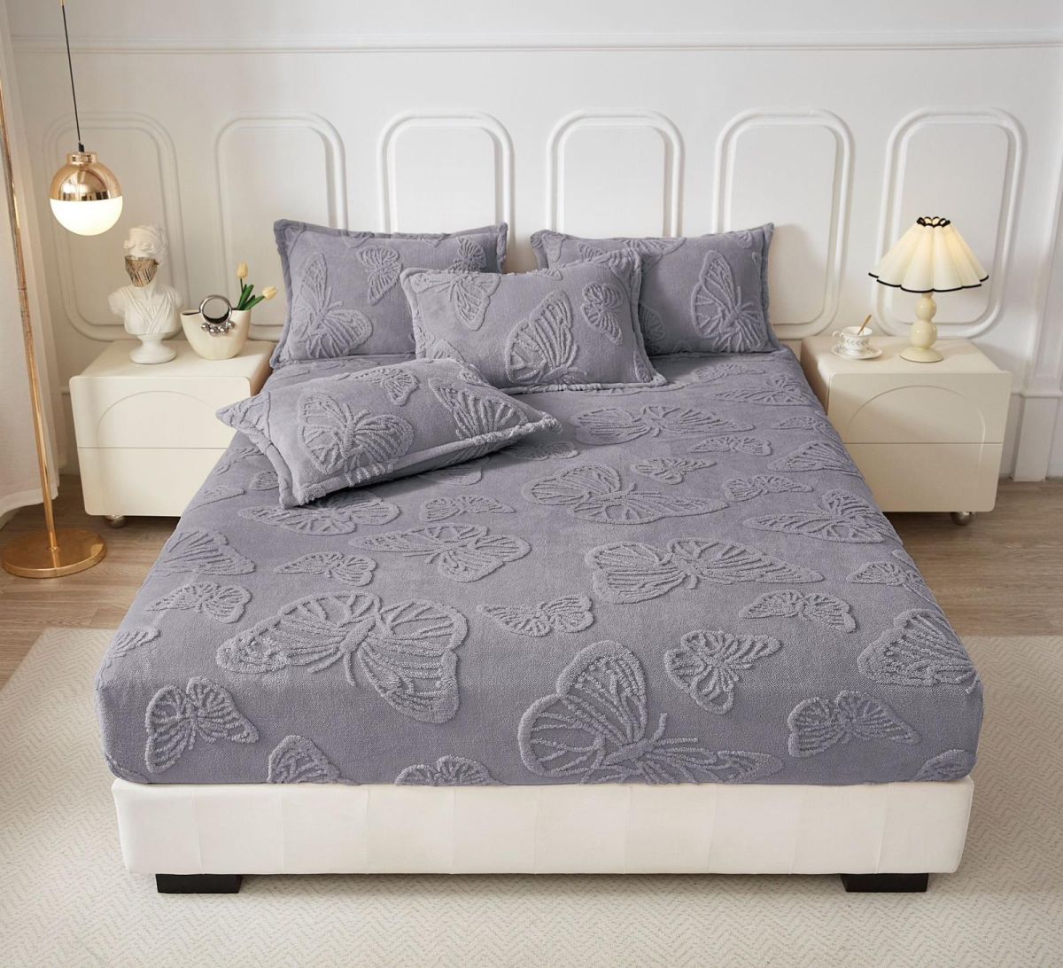 Set Huse En-Gros, Gri inchis, cu Elastic, 180x200cm, Material Cocolino Premium Tricotat, Model cu Fluturi in Relief