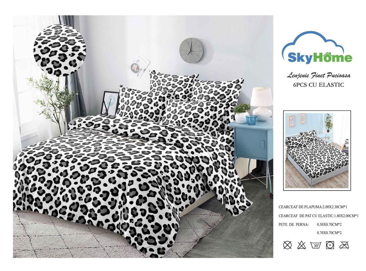 Set Lenjerie En-Gros, Animal Print, 6 Piese, cu Elastic, din Bumbac tip Finet, 180x200cm, cu 4 Fete de Perna Incluse