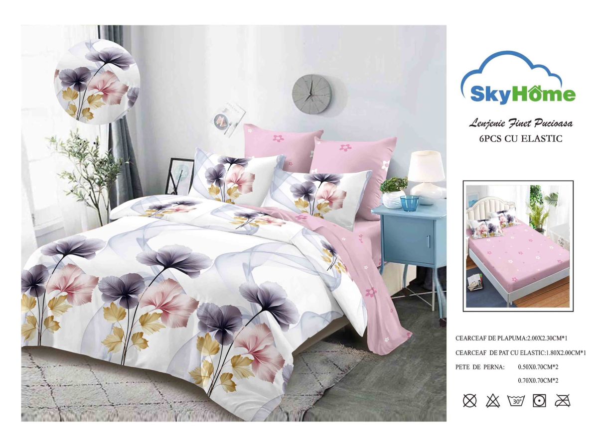 Set Lenjerie En-Gros, Lila, 6 Piese, cu Elastic, din Bumbac tip Finet, 180x200cm, cu 4 Fete de Perna Incluse