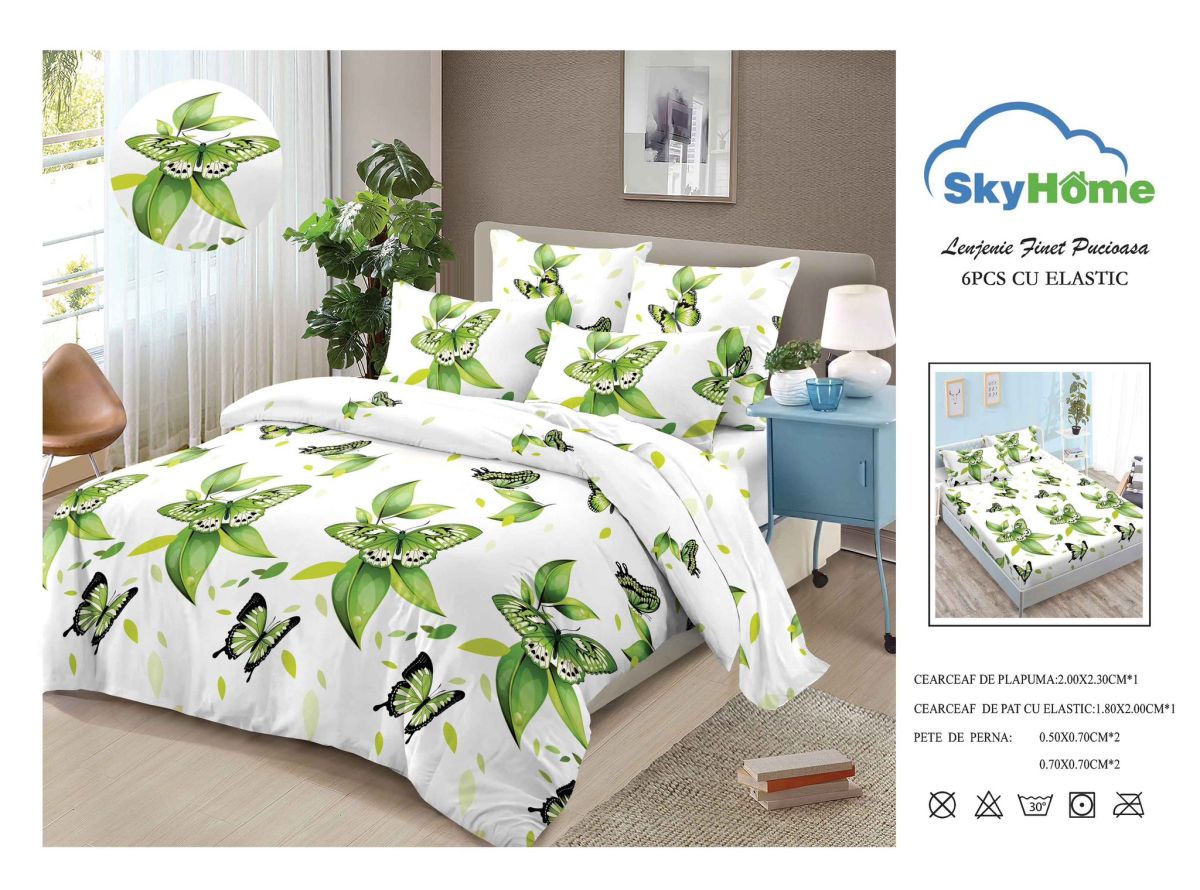 Set Lenjerie En-Gros, Verde, 6 Piese, cu Elastic, din Bumbac tip Finet, 180x200cm, cu 4 Fete de Perna Incluse