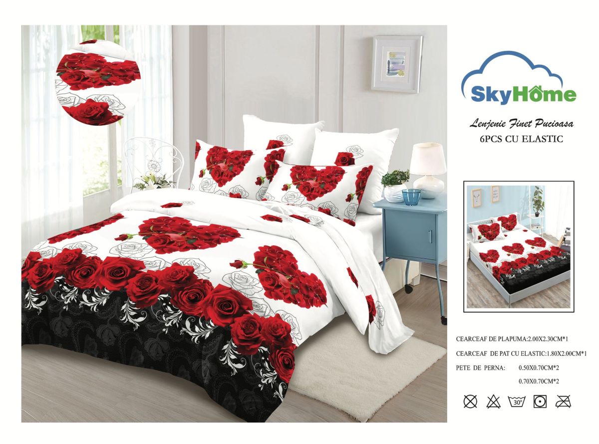 TRIO Lenjerii En-Gros, cu Elastic, SERIE 3 MODELE DIFERITE, din Bumbac tip Finet, 180x200cm, cu 4 Fete de Perna Incluse
