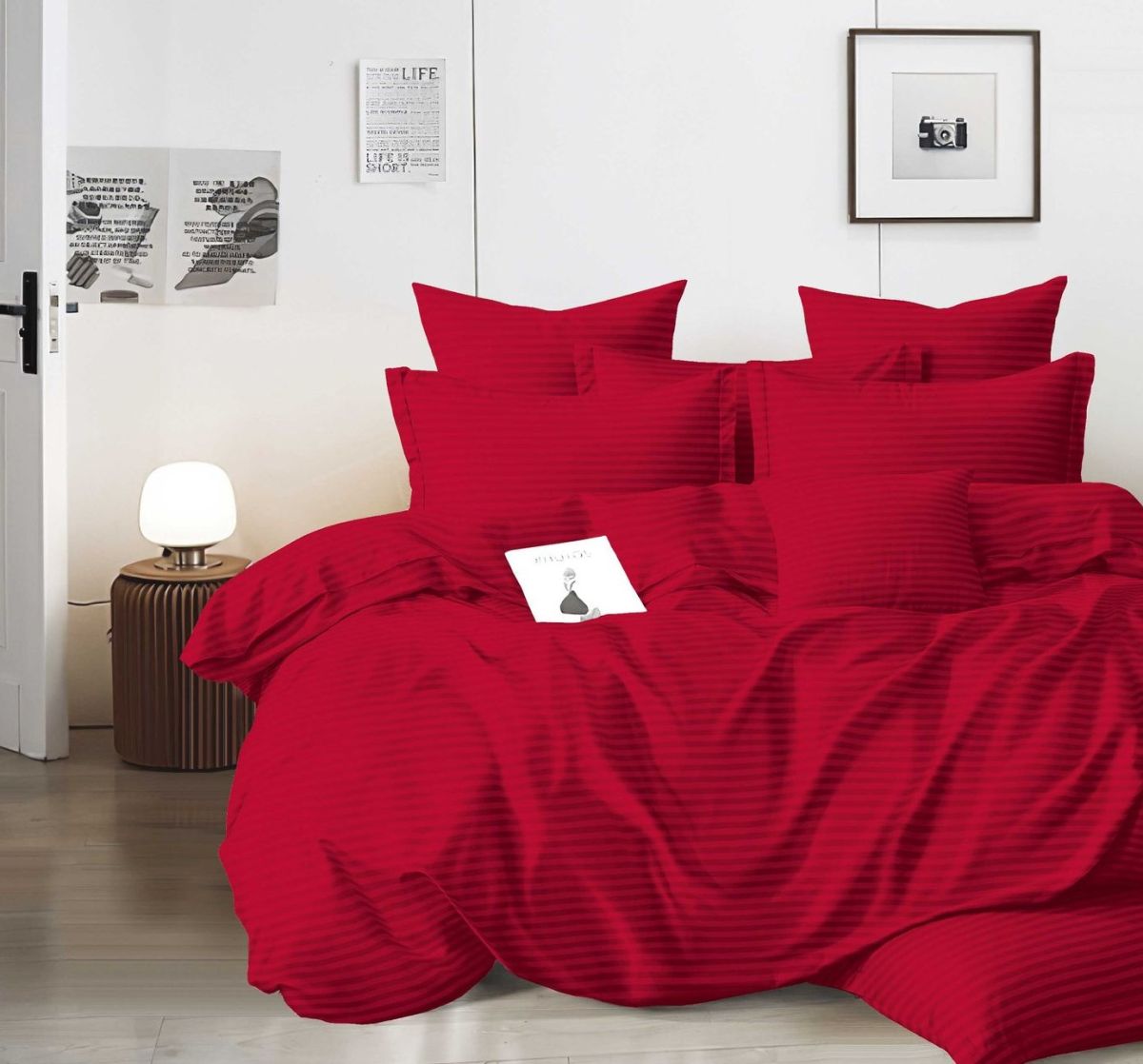 Set Lenjerie En-Gros, Grena, cu Elastic, 4 Piese, 180x200 cm, Damasc Egiptean UNI, pentru Pat Dublu, cu 2 Fete de Perna