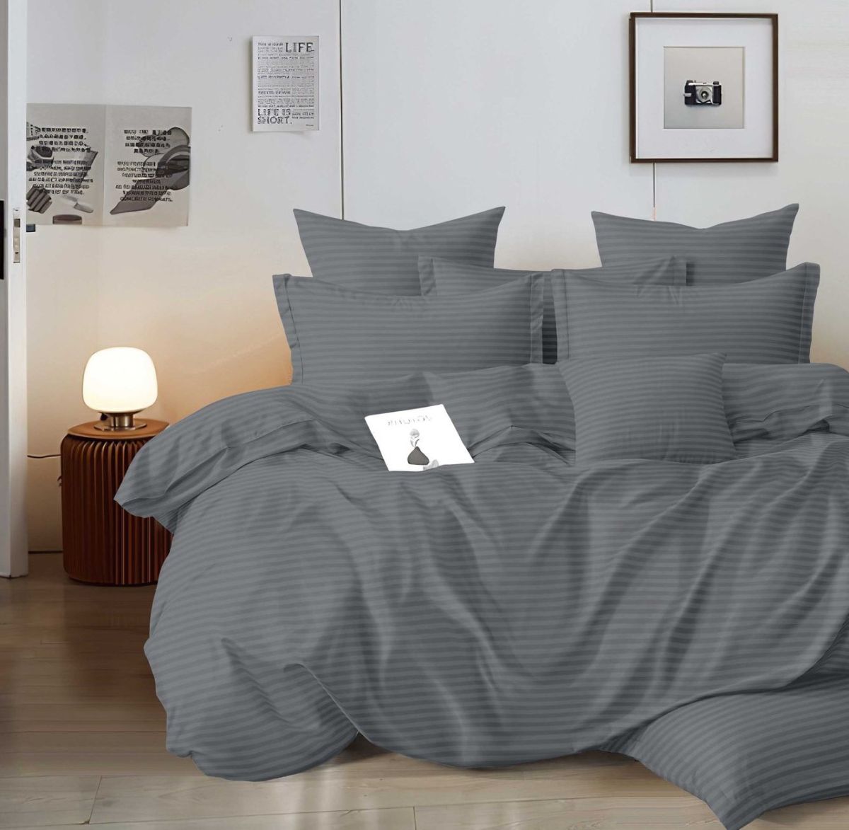 Set Lenjerie En-Gros, Gri, cu Elastic, 4 Piese, 180x200 cm, Damasc Egiptean UNI, pentru Pat Dublu, cu 2 Fete de Perna
