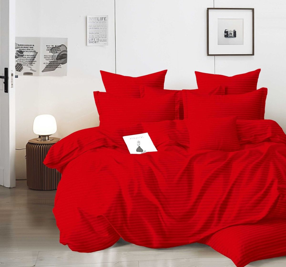 Set Lenjerie En-Gros, Rosu, cu Elastic, 4 Piese, 180x200 cm, Damasc Egiptean UNI, pentru Pat Dublu, cu 2 Fete de Perna