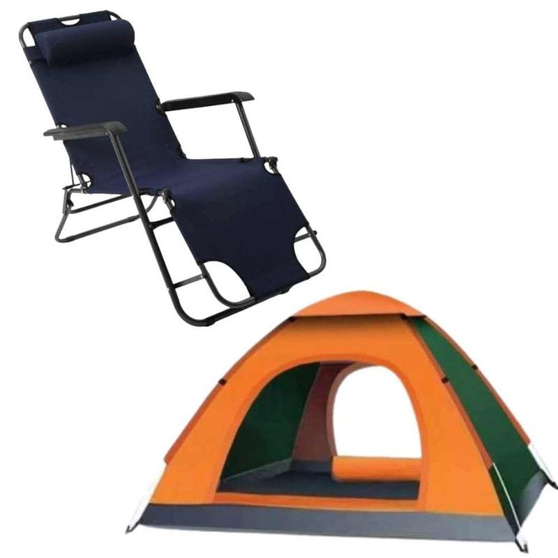 Sezlong Pliabil cu Tetiera, Cadru Metalic si Panza Oxford 600D Impermeabila, Max 150 Kg, Navi Blue si Cort Automat de 3-4 Persoane Pentru Camping sau Plaja, Impermeabil, Poliester 170T, Portocaliu Engros