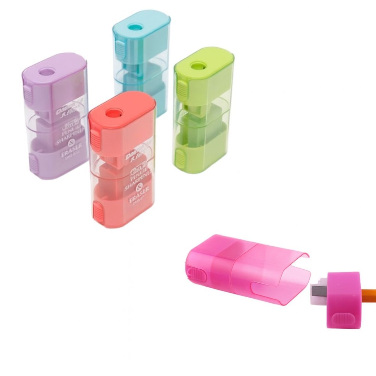 Ascuțitoare 6cm cu Gumă Integrată 24/set, Butoane Laterale pentru Curățare Rapidă Diferite Culori Engros