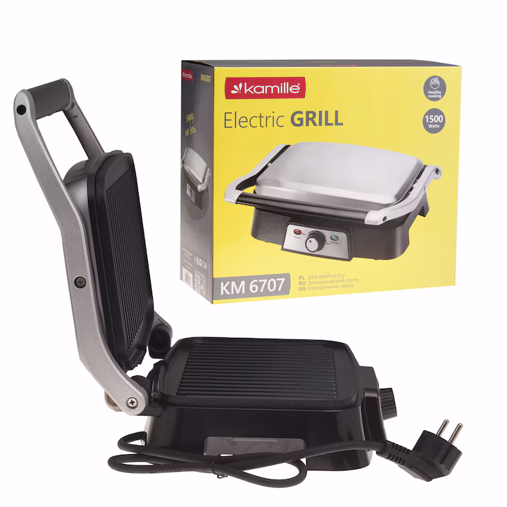 Grill Electric Kamille Engros KM-6707 – 1500W, Plăci Antiaderente, Inox/Plastic