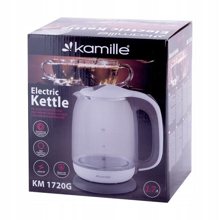 Fierbător Electric Kamille Engros , 1.7L, 2000W, Sticlă/Inox, Iluminare LED, Filtru, Bază Rotativă