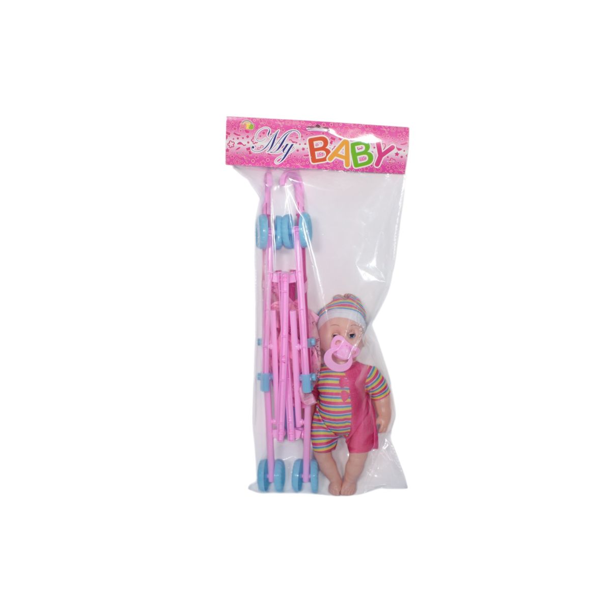 Papusa bebelus de jucarie Engros, cu carucior si suzeta, 20x43 cm, XY080