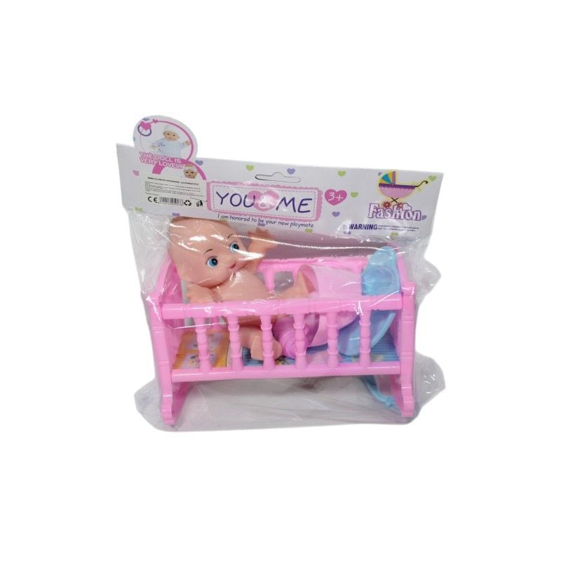 Papusa bebelus de jucarie Engros, cu patut si accesorii, 19x12x5cm, 1014