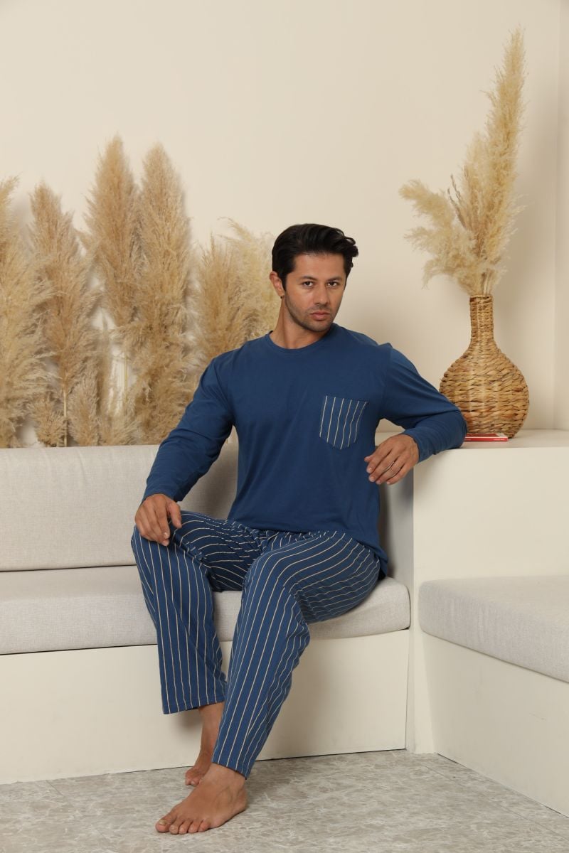 Pijama Barbati ,Maneca si Pantaloni Lungi, Culoare Albastru cu Alb,Engros