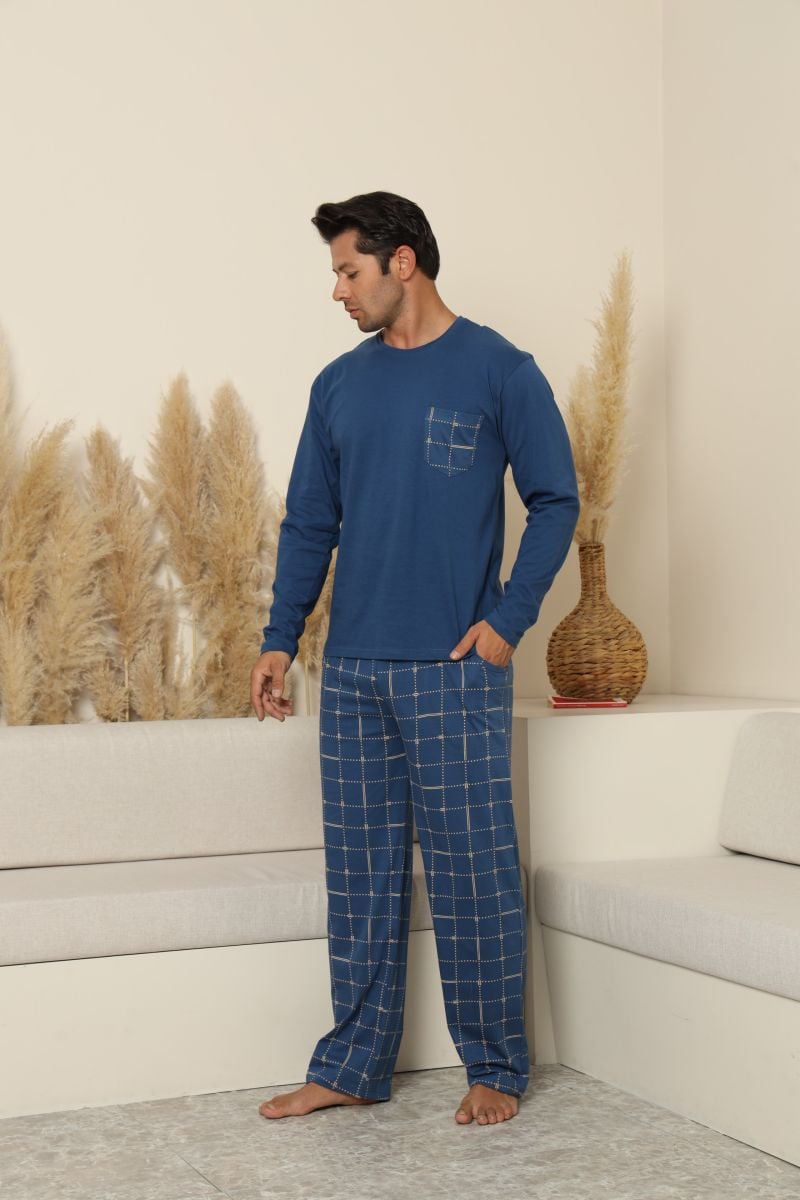 Pijama Barbati ,Maneca si Pantaloni Lungi, Culoare Albastru cu Crem,Engros