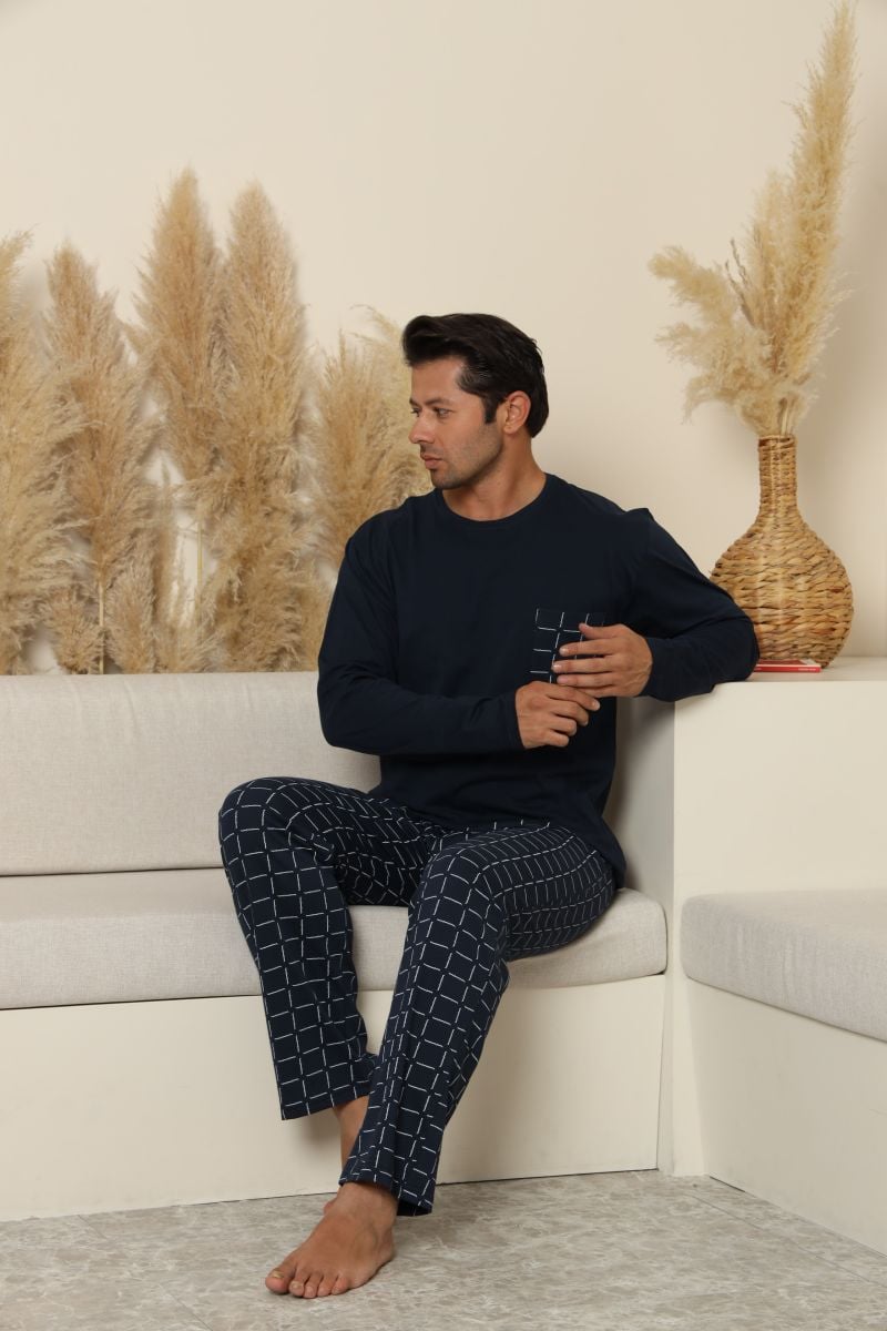Pijama Barbati ,Maneca si Pantaloni Lungi, Culoare Bleumarin cu Alb,Engros