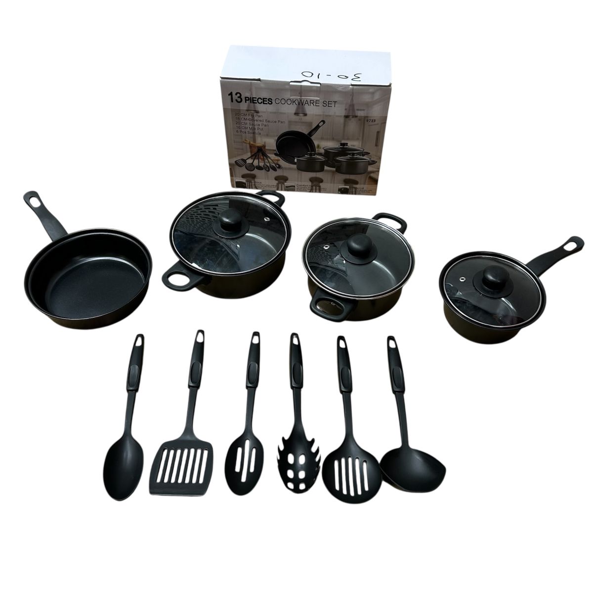 Set vase de gătit 13 piese – antiaderent, cu capace din sticlă și ustensile inclus- Engros