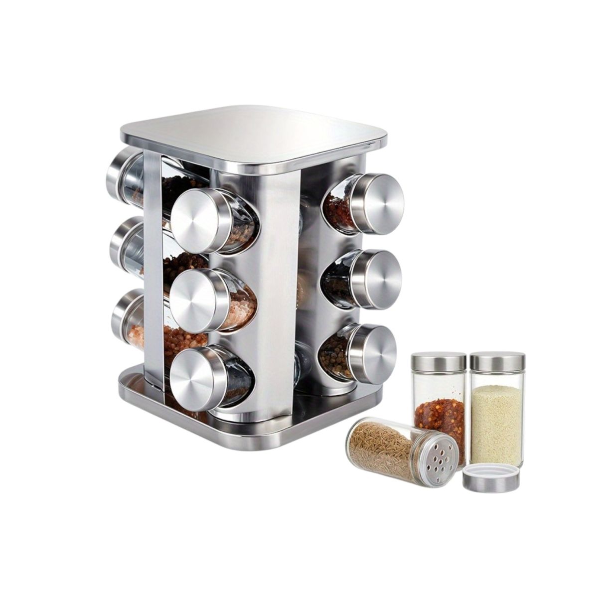 Organizator Rotativ din Oțel Inoxidabil 21x19cm, cu 12 Borcane din Sticlă 9cm pentru Condimente Engros