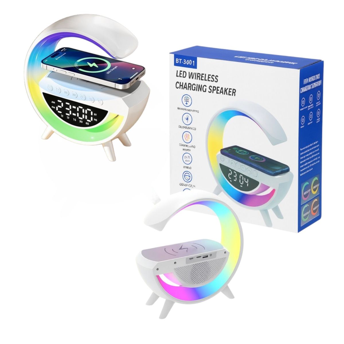 Boxă Portabilă 4 în 1 cu Iluminare LED Multicoloră  24x23x8cm Ceas Digital, Radio FM, Microfon și Încărcare Wireless Engros