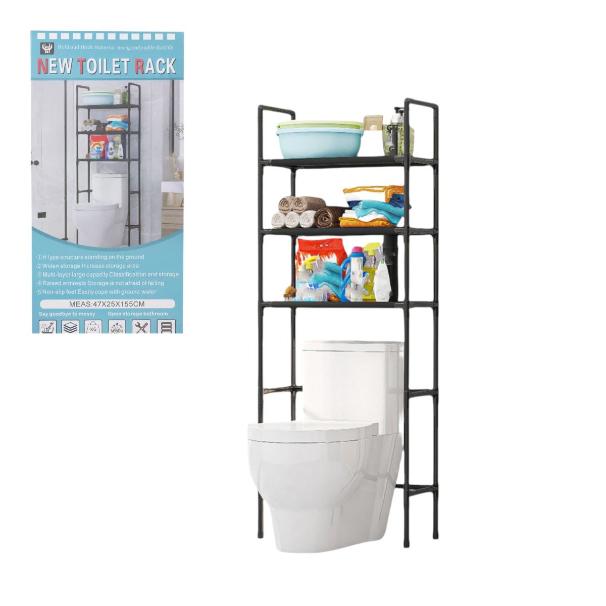 Suport de Baie 47x25x155cm cu 3 Etaje, Organizator Multifunctional, din Metal Engros