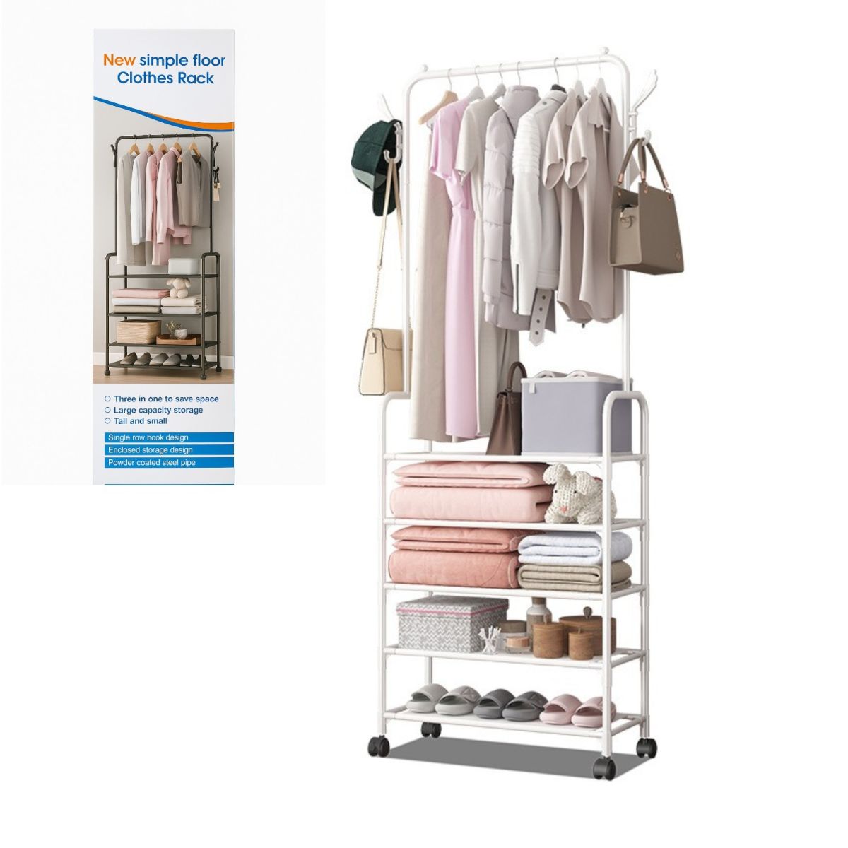 Dulap Organizator 60x29x1.70cm Metalic pe Roți, cu Bară pentru Haine și 5 Rafturi de Depozitare Engros