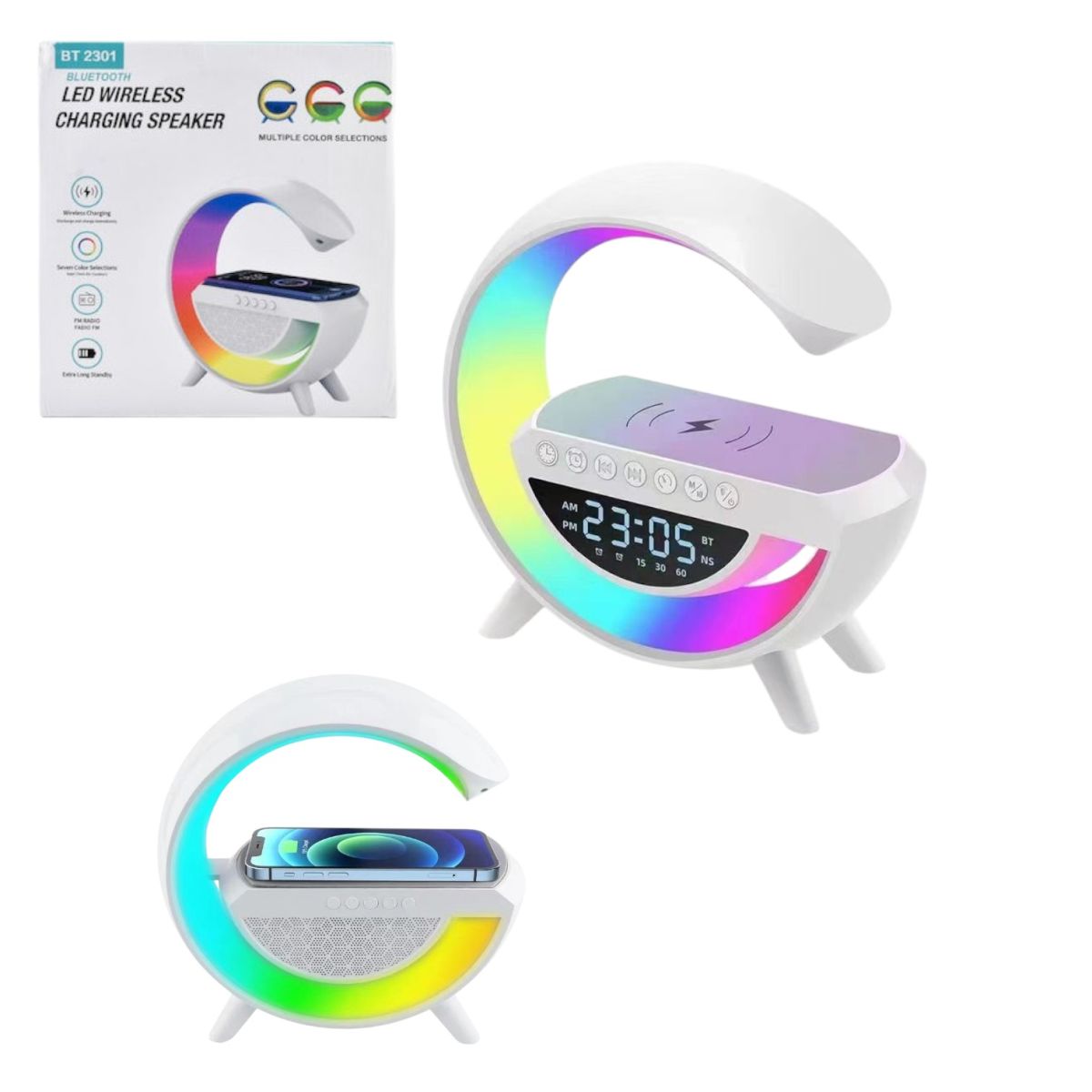 Boxă Bluetooth LED 3 in 1 cu Încărcare Wireless, 23x23cm Ceas Digital și Efecte Multicolore Engros