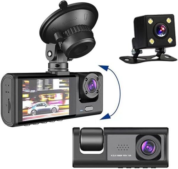 Cameră auto Kialloy, cameră auto cu 3 canale, cameră auto 1080P față și interior, cameră triplă, senzor G, parcare 24h, vedere nocturnă, înregistrare în buclă față-spate