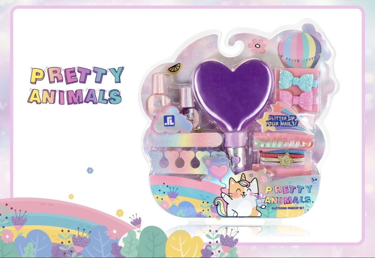 Set machiaj copii Pretty Animals Engros – Glittering Makeup Set cu ojă, accesorii păr și unghii